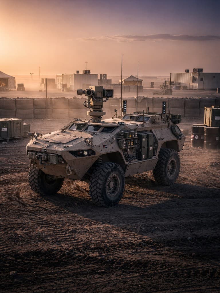 Armored vehicle with advanced sensors in a remote desert operational environment